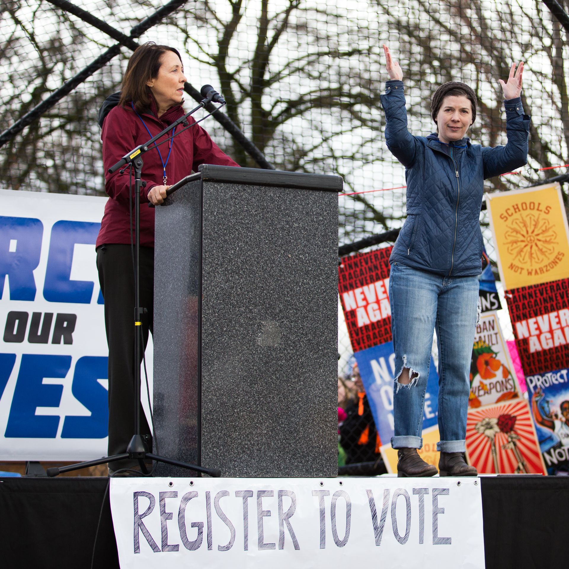 Democratic Senator Maria Cantwell, left, speaks at Cal Anderson Park during the March for Our Lives rally on March 24, 2018 in Seattle, Washington.