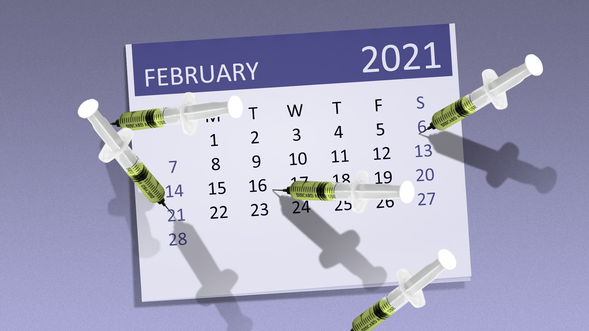 Illustration of a February 2021 calendar with syringes all over it