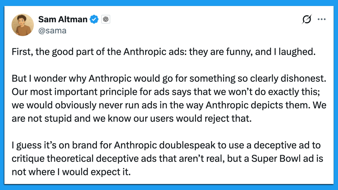 Tweet by Sam Altman addressing Anthropic's Super Bowl ad