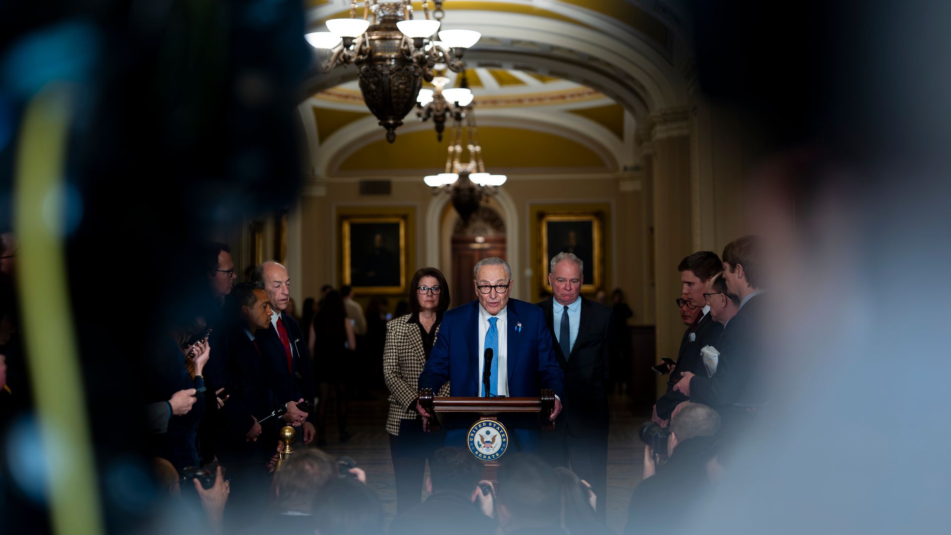 Sens. Catherine Cortez Masto, Chuck Schumer and Tim Kaine speak at a news conference at the U.S. Capitol in Washington about ongoing Homeland Security funding negotiations.