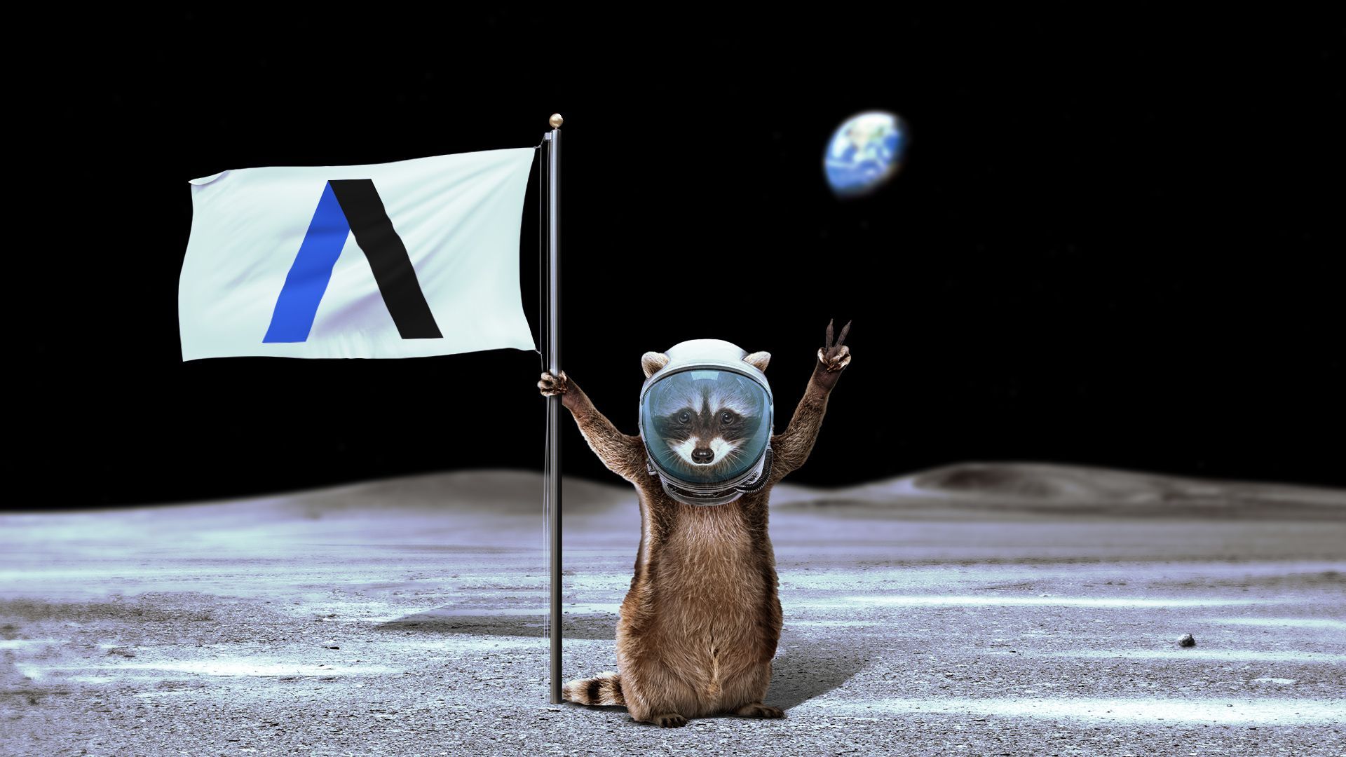 Illustration of a racoon planting an Axios flag on the moon.