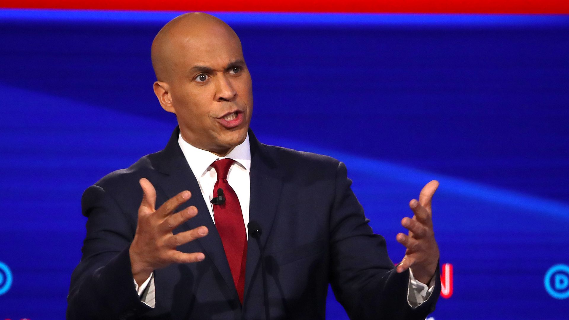 Sen. Cory Booker (D-NJ) speaks during the Democratic Presidential Debate at Otterbein University on October 15, 2019 in Westerville, Ohio.