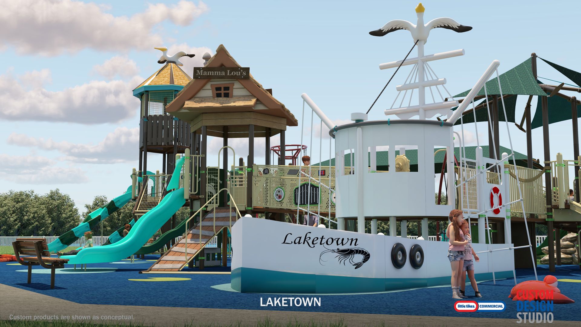 Colorful marina-themed playground with a large white ship, seagull statue on the mast, teal slides, blue deck, and green shade sails; "Laketown" signage as kids play.