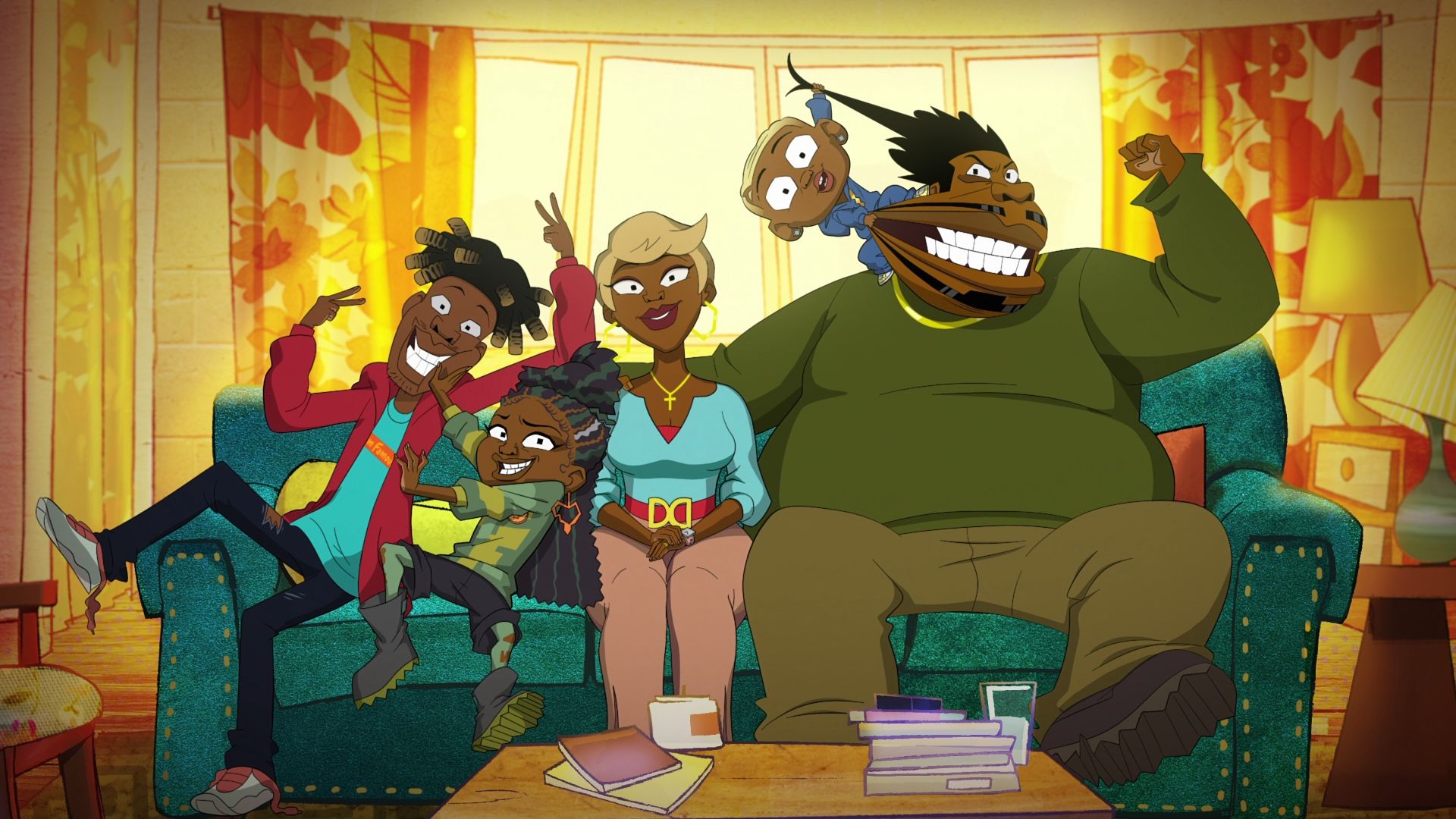 Still of animated show with family squeezed onto a couch in front of window with orange curtains.