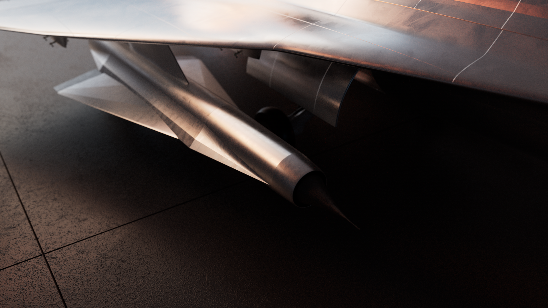 A close-up look at an aircraft and a missile-like vehicle underneath the wing.