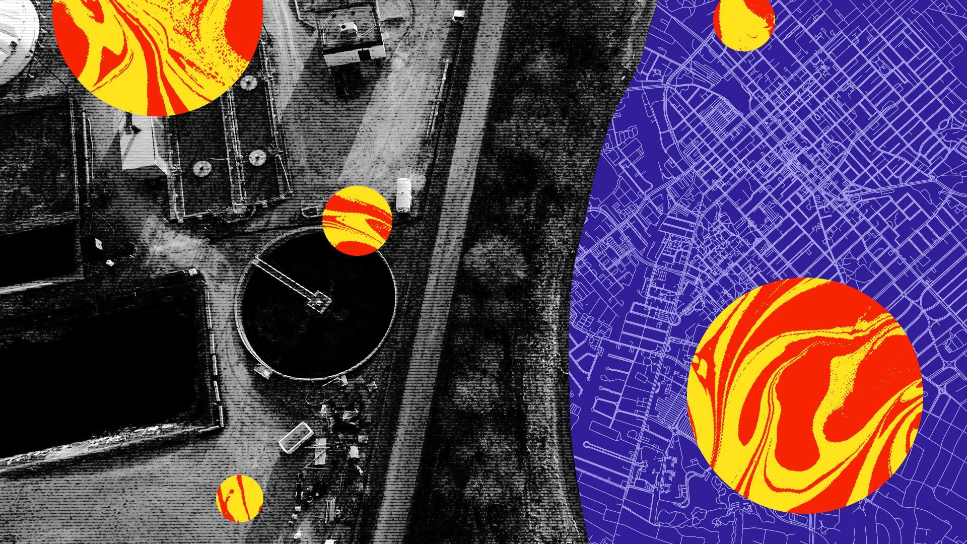 Photo illustration of a drone shot of chemical storage tanks overlaid on a topographic road map, with circles containing a design that mimics liquid chemical dotted around.