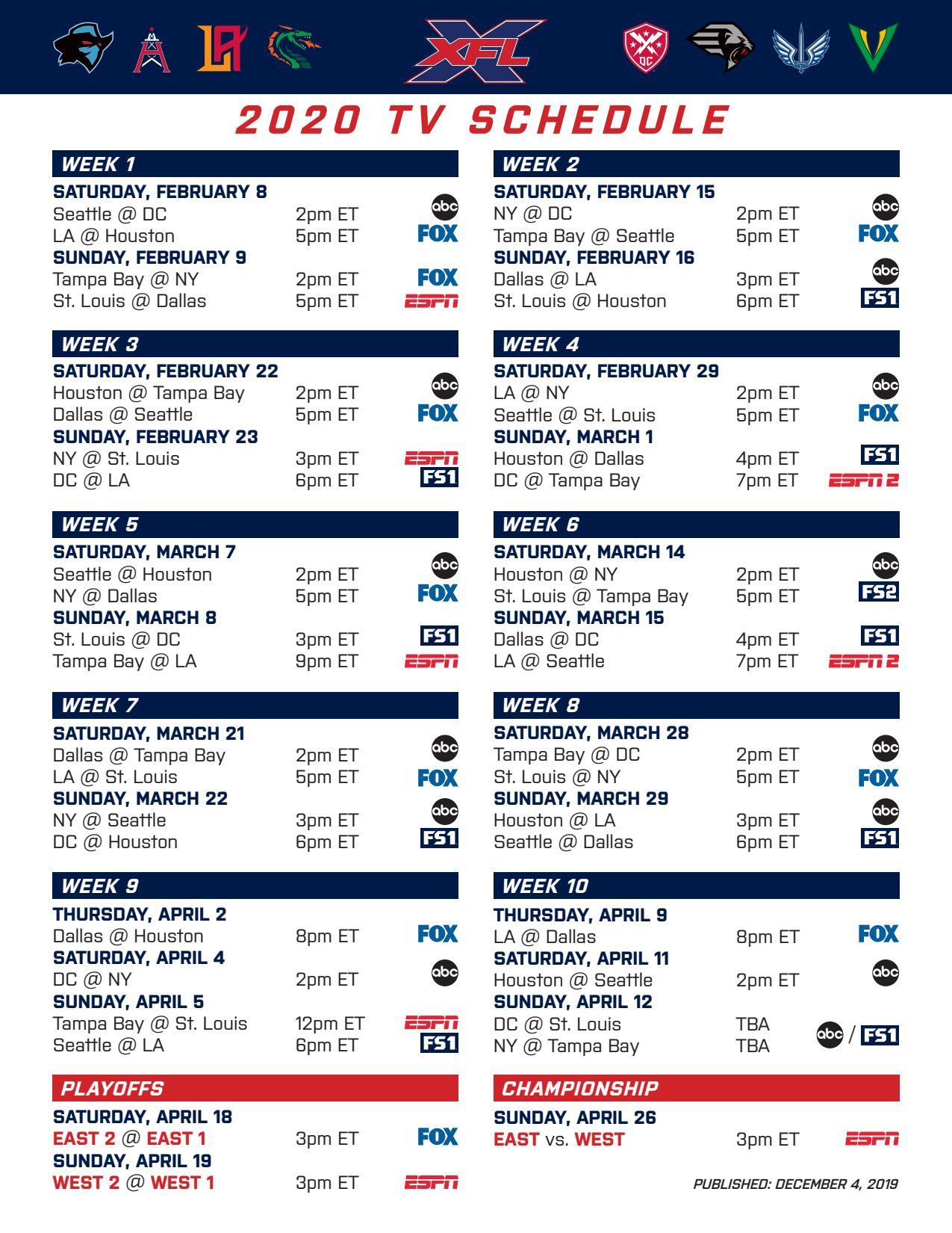 Screenshot of XFL schedule