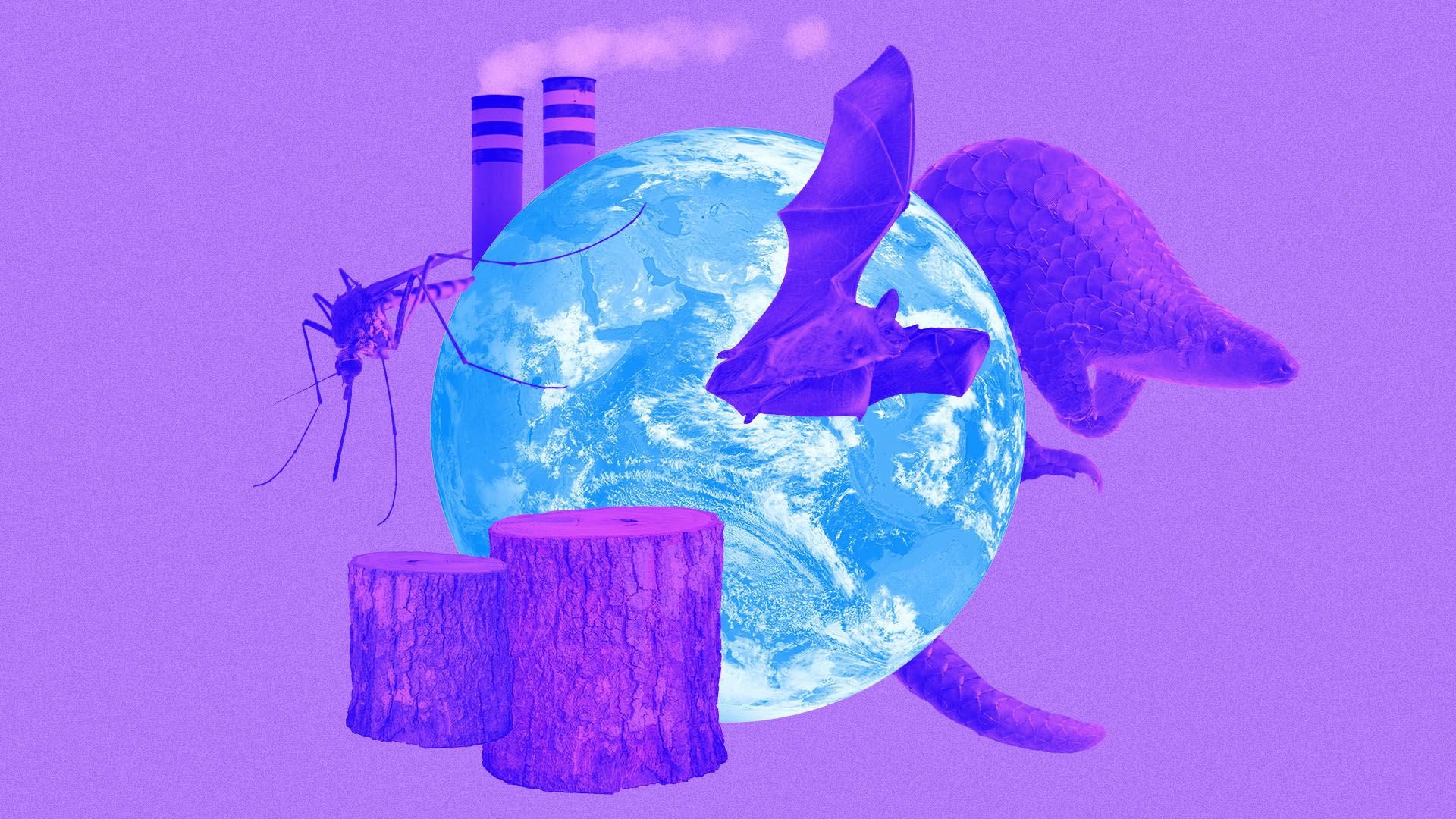 Illustrated collage of the earth surrounded by smoke stacks, a bat, a mosquito, a pangolin, and tree stumps.