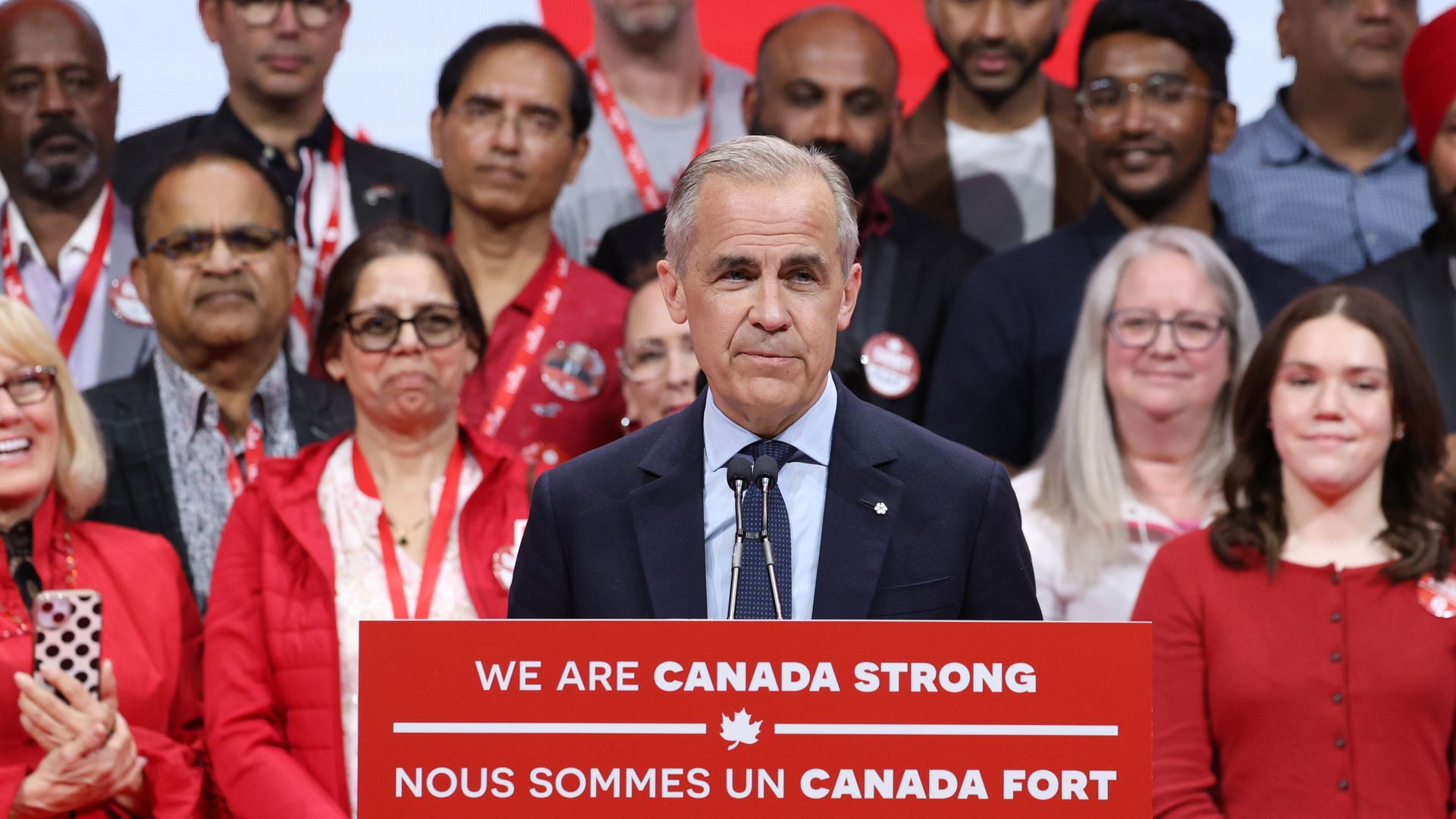  Mark Carney, Canada's prime minister and leader of Canada's Liberal Party, during an election night event at TD Place in Ottawa, Ontario, Canada, early on Tuesday, April 29. 
