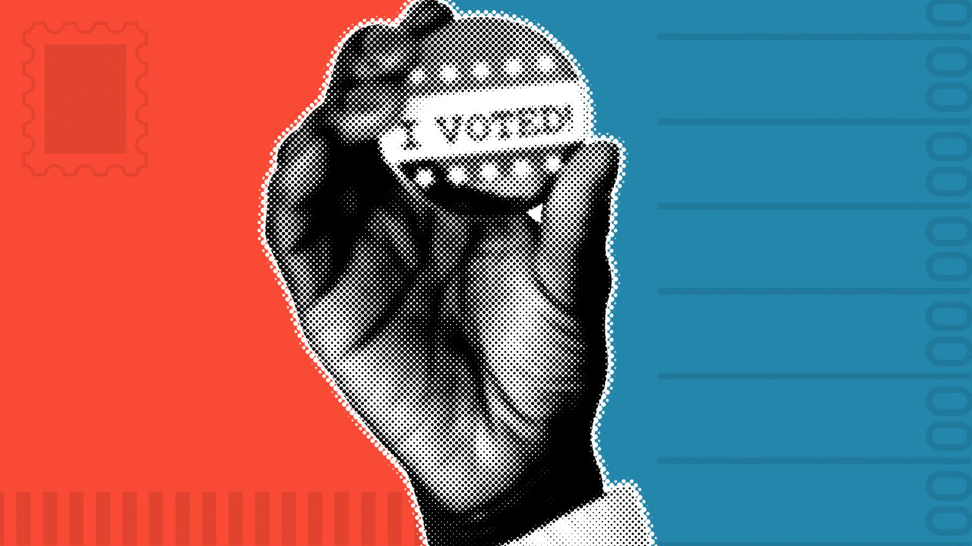 Illustration of an African American man's hand holding an "I Voted!" button surrounded by ballot elements.