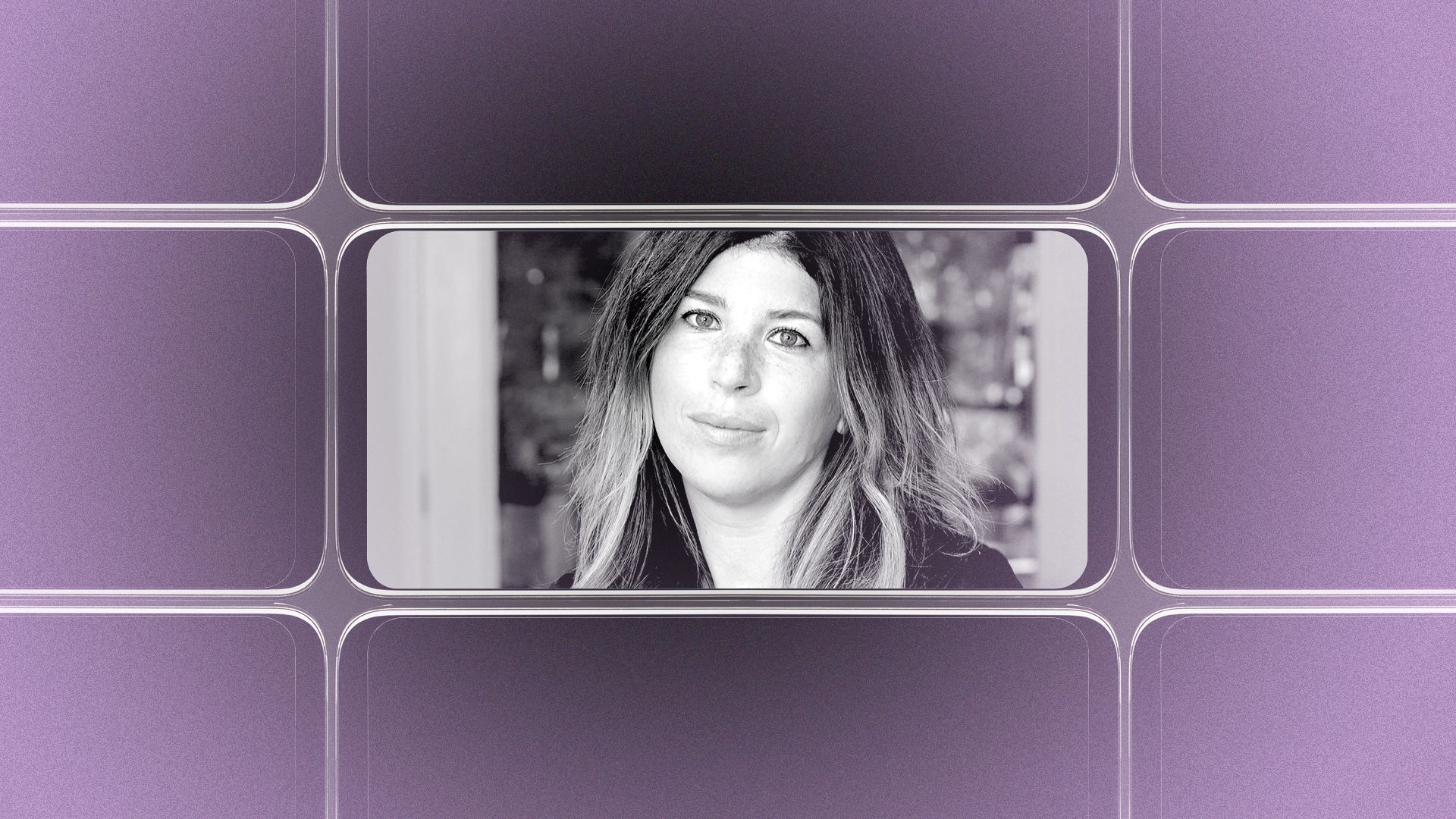 Photo illustration of a grid of smartphone screens, the center one showing an image of Marissa Moss.