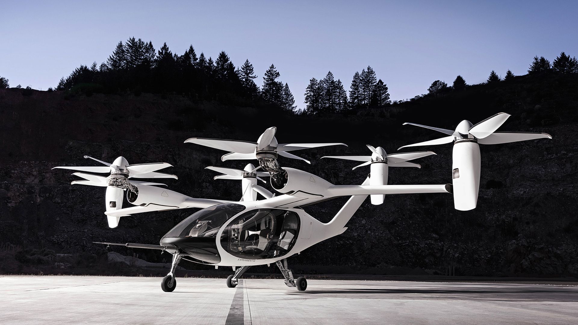 Image of Joby Aviation's multi-rotor air taxi, which looks like a drone crossed with a helicopter