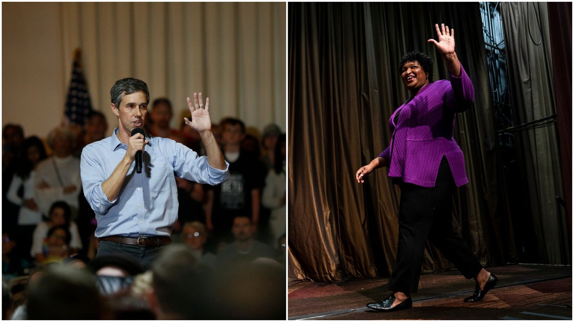 This image is a split-screen of Beto O'Rourke and Stacey Abrams. Stacey walks across a stage and waves as Beto talks into a microphone.