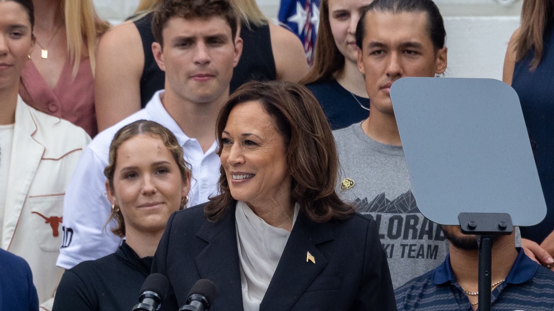 Vice President Kamala Harris delivers remarks at an event celebrating the National Collegiate Athletic Association championship teams from the 2023-2024 season on the South Lawn of the White House in Washington, DC on July 22, 2024. 