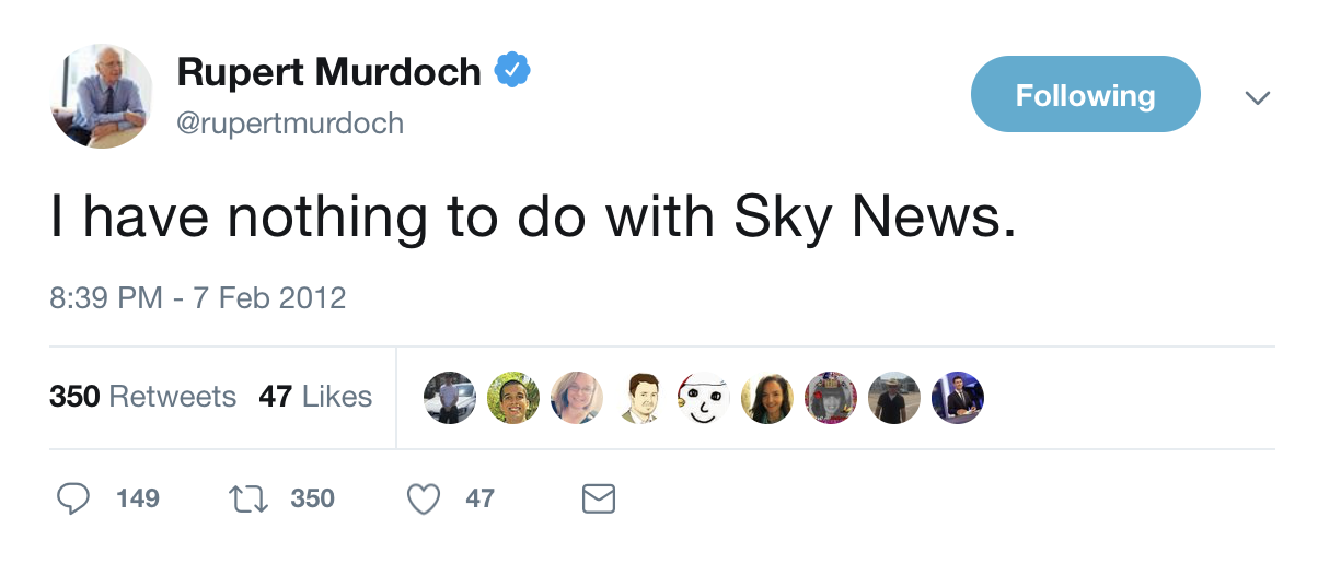 Rupert Murdoch's 2012 tweet saying that he has nothing to do with Sky News