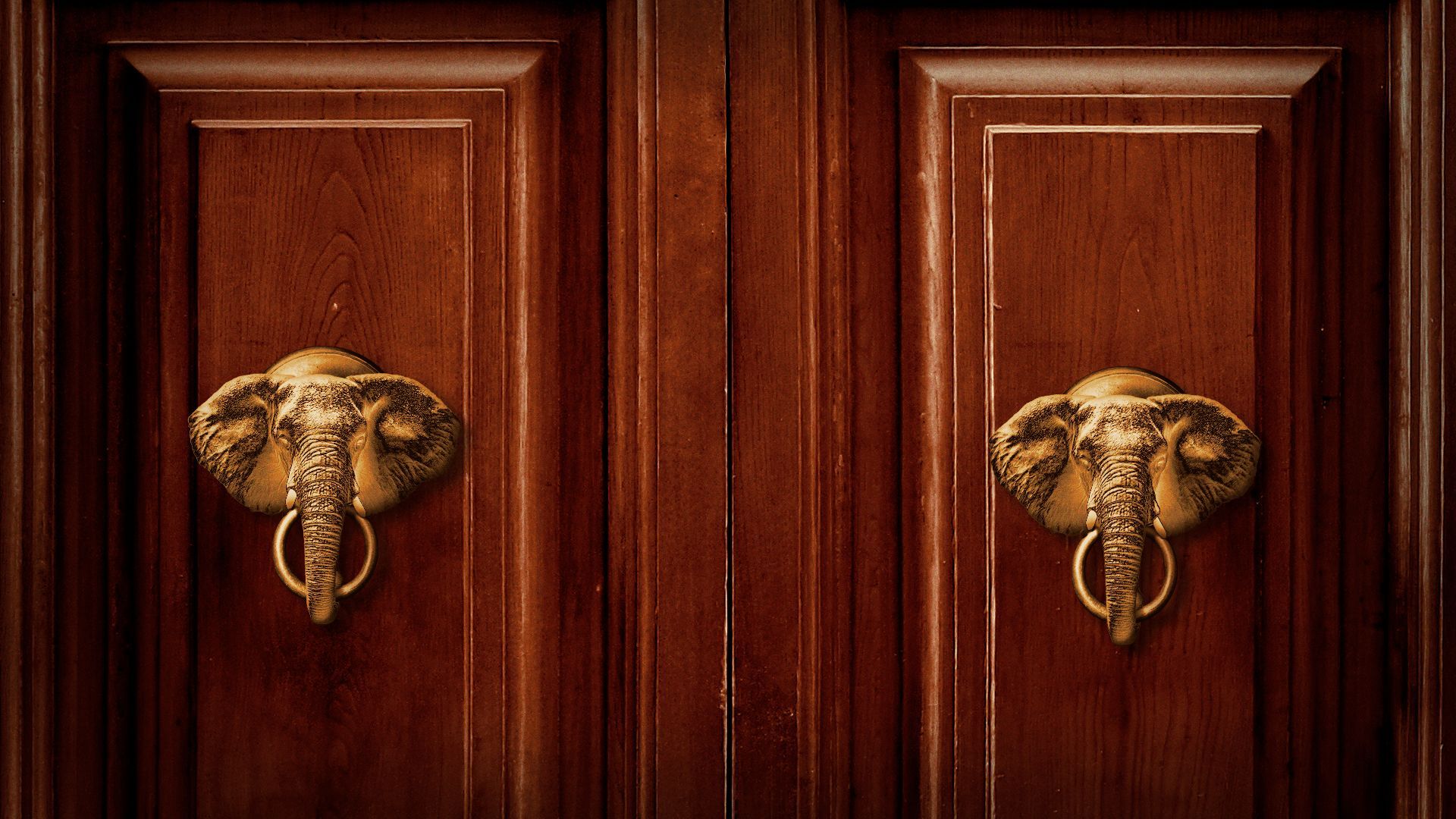 Illustration of double doors with two, gold elephant door knockers.