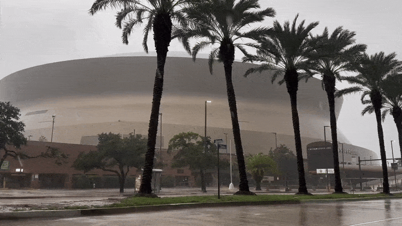 Palm trees sway as rain bands move in front of the Superdome.
