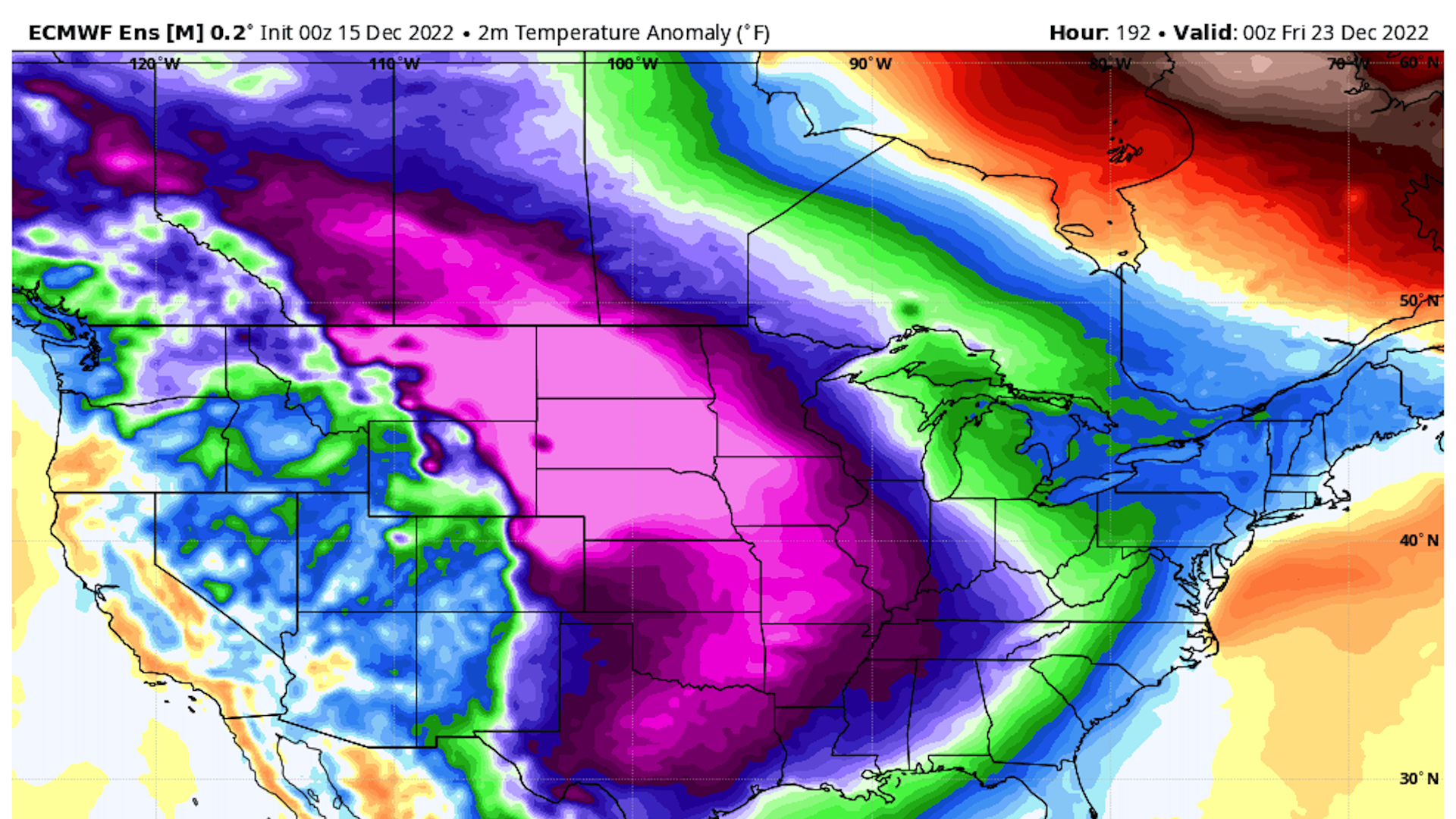 Computer model projection of temperature anomalies on Dec. 23.