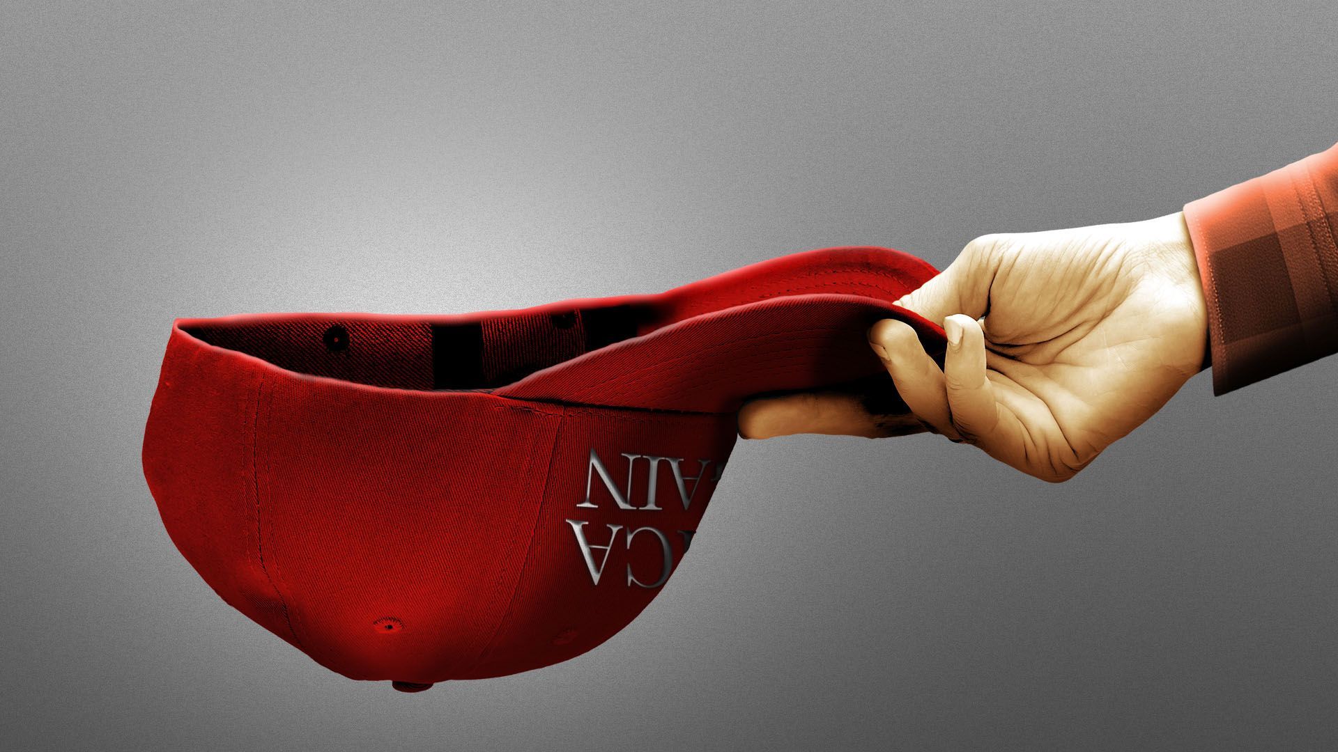 Illustration of a hand holding a MAGA hat out as if asking for money