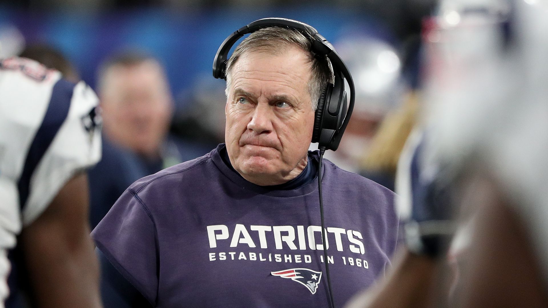 Head coach Bill Belichick of the New England Patriots looks on against the Philadelphia Eagles