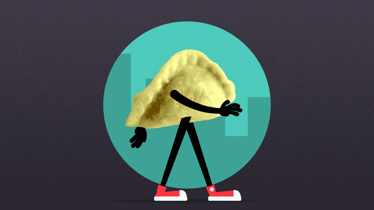 Illustration of a pierogi with arms and legs walking in front of buildings. 