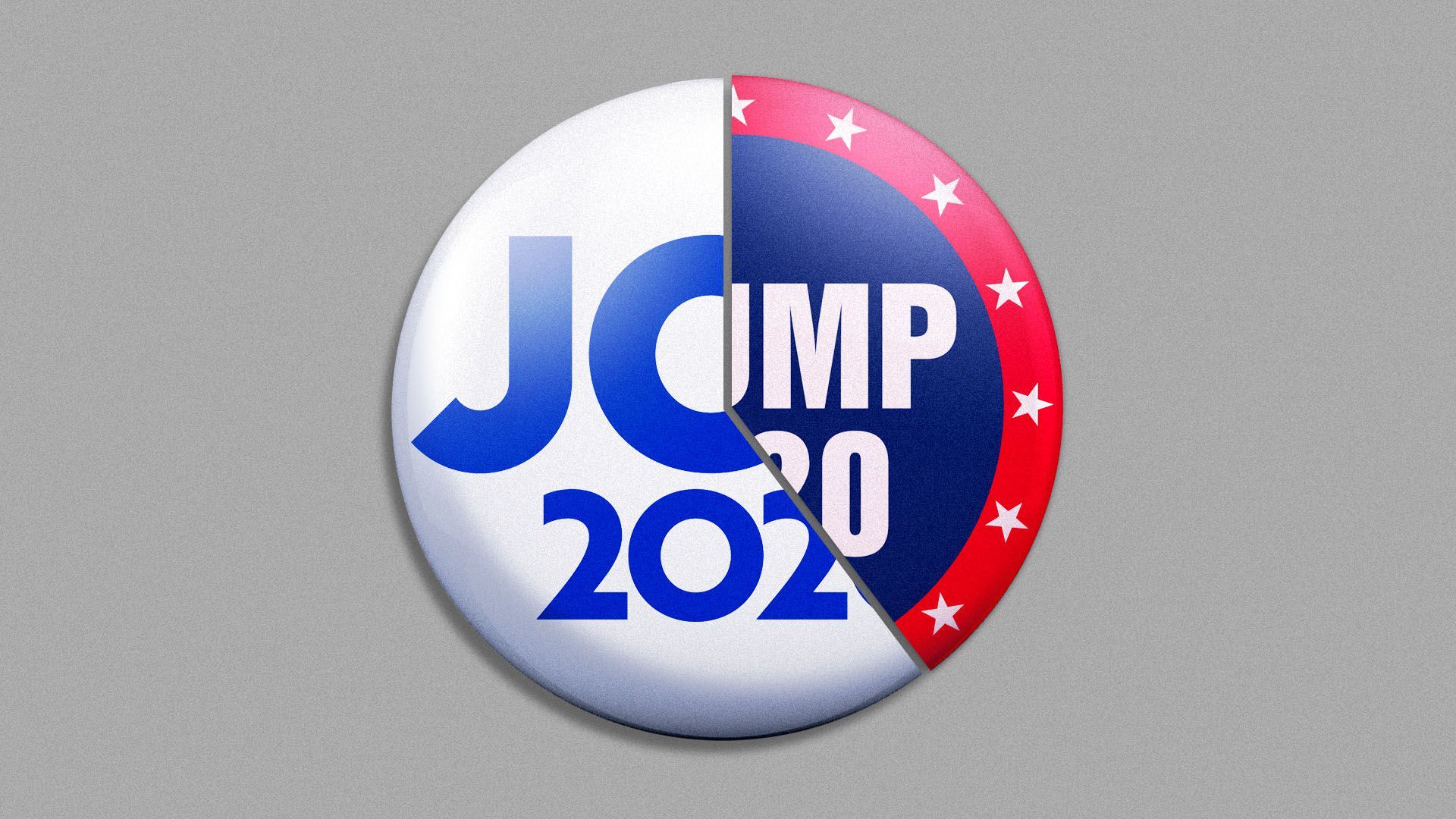 Illustration of Biden 2020 and Trump 2020 pins in the shape of a piechart