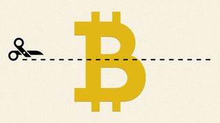 Ilustración del logotipo de Bitcoin con una línea de puntos y un ícono de tijera atravesado