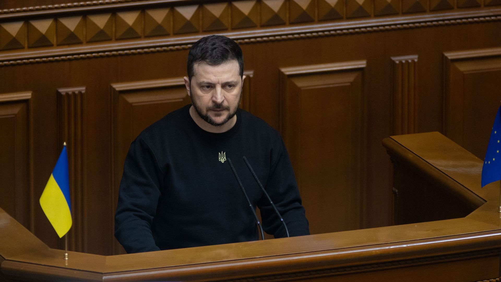 Ukrainian President Volodymyr Zelenskyy addresses the Ukrainian Parliament in Kyiv, Ukraine on December 28.