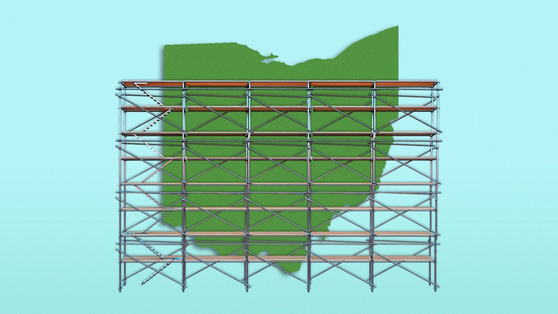 Illustration of the state of Ohio, with scaffolding in front.