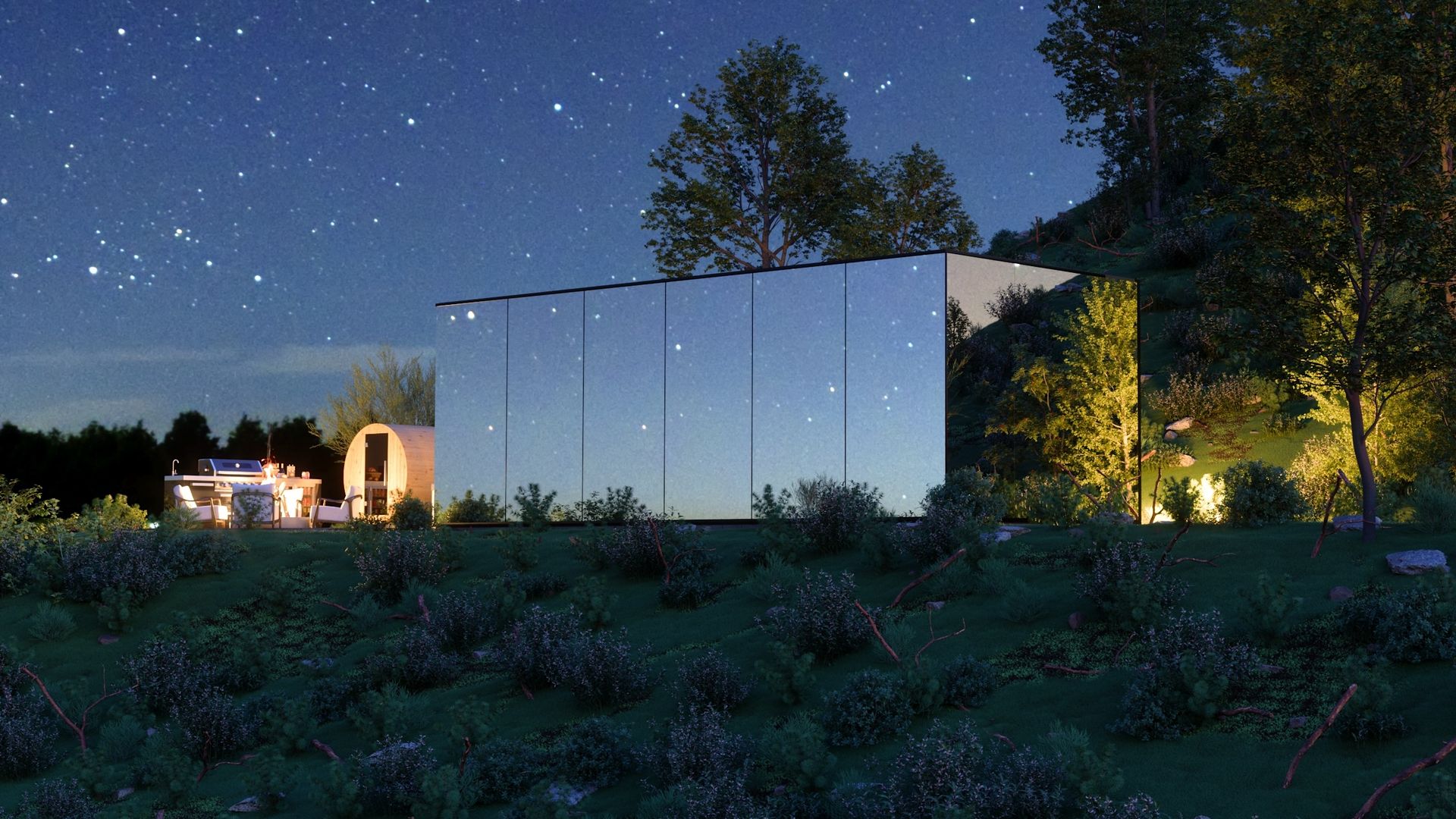 A photo showing a structure covered in mirrors.