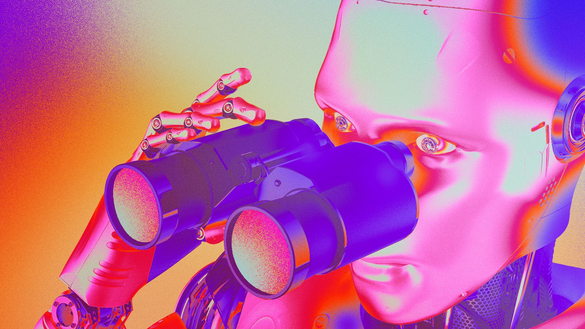 Illustration of a colorful robot looking through a pair of binoculars