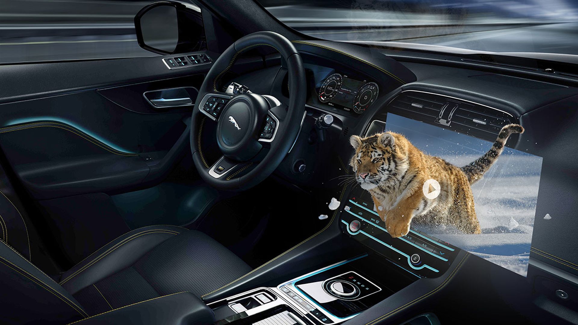 3D image of a tiger leaping out of a car's touchscreen