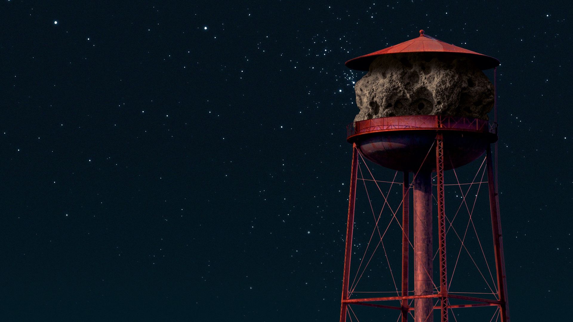 Illustration of a water tower made out of an asteroid. 