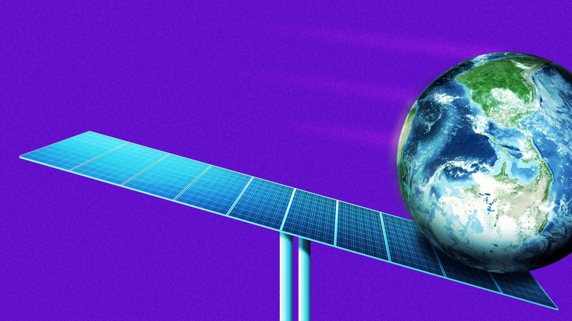 Illustration of earth rolling off a seesawing set of solar panels