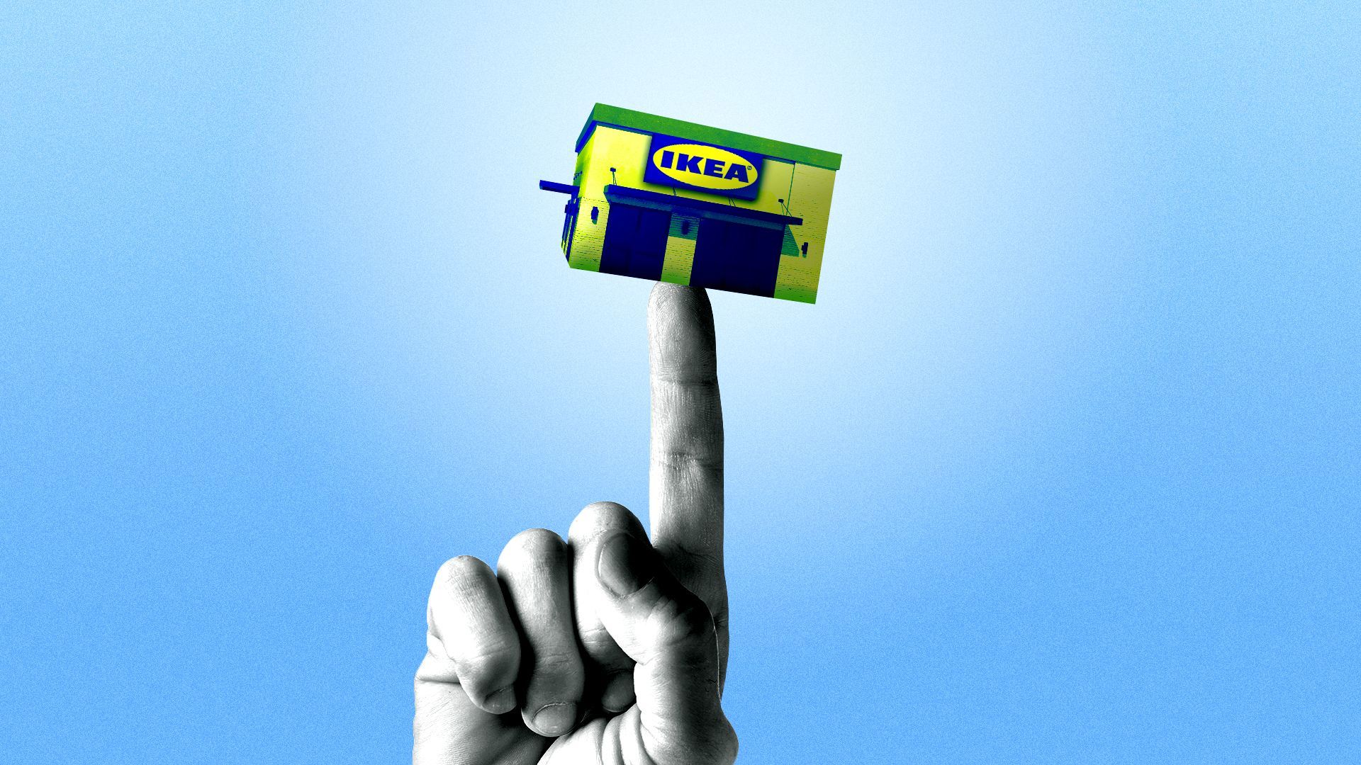 Illustration of a hand balancing a tiny IKEA store on their finger. 