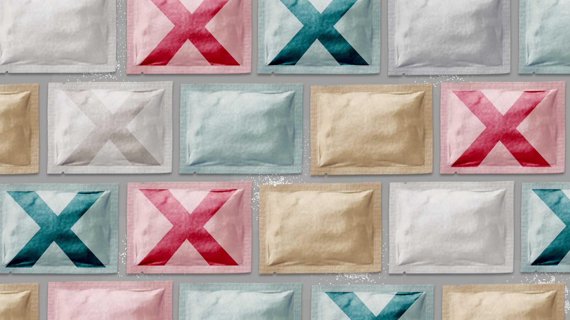 Illustration of many sweetener packets some with exes marked on them