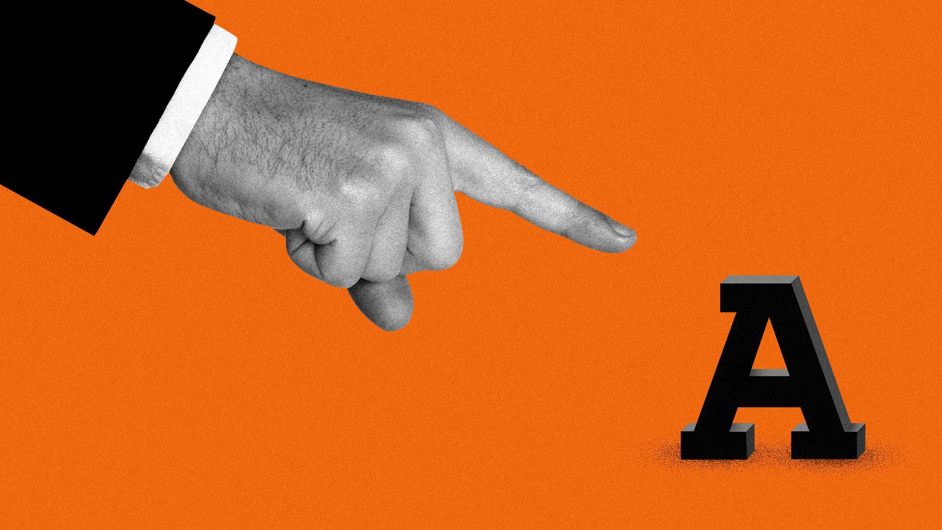 Illustration of a hand pointing accusingly at the Athletic logo. 