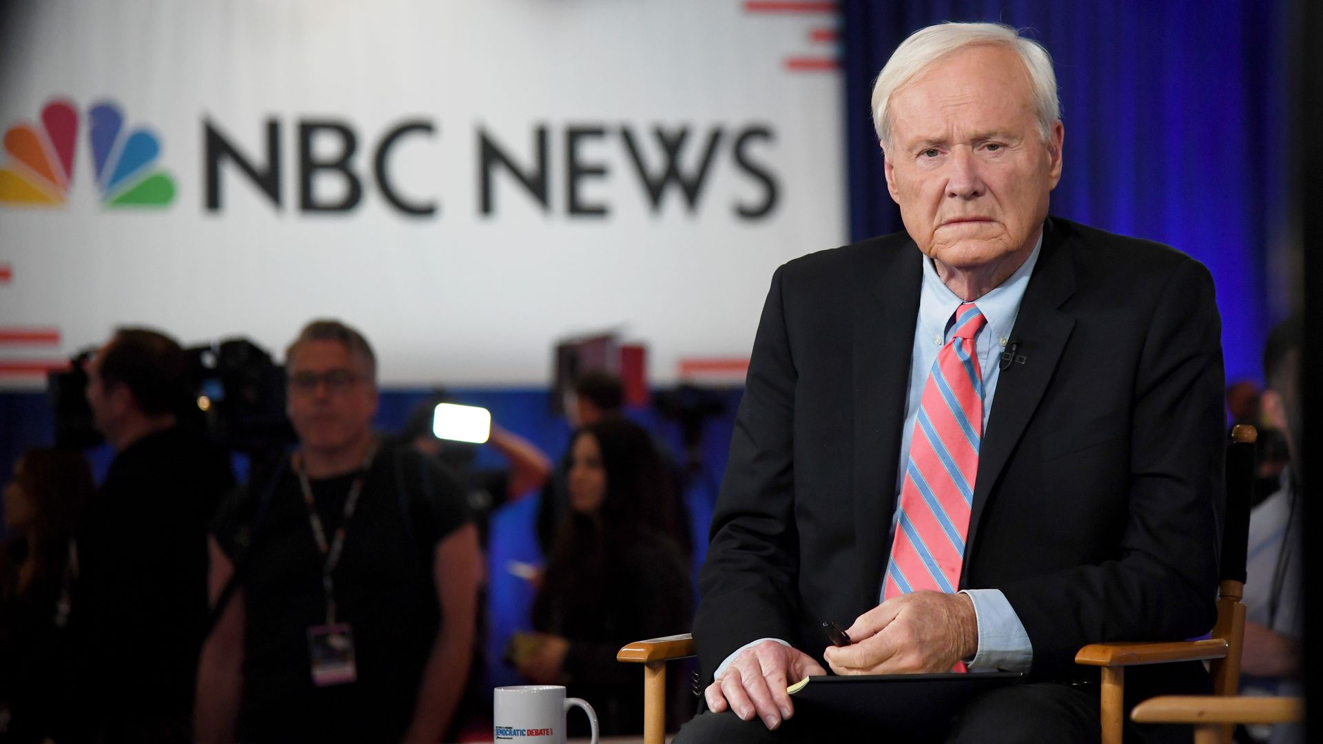 Chris Matthews of MSNBC waits to go on the air after the Democratic presidential primary debate on February 19, 2020 in Las Vegas