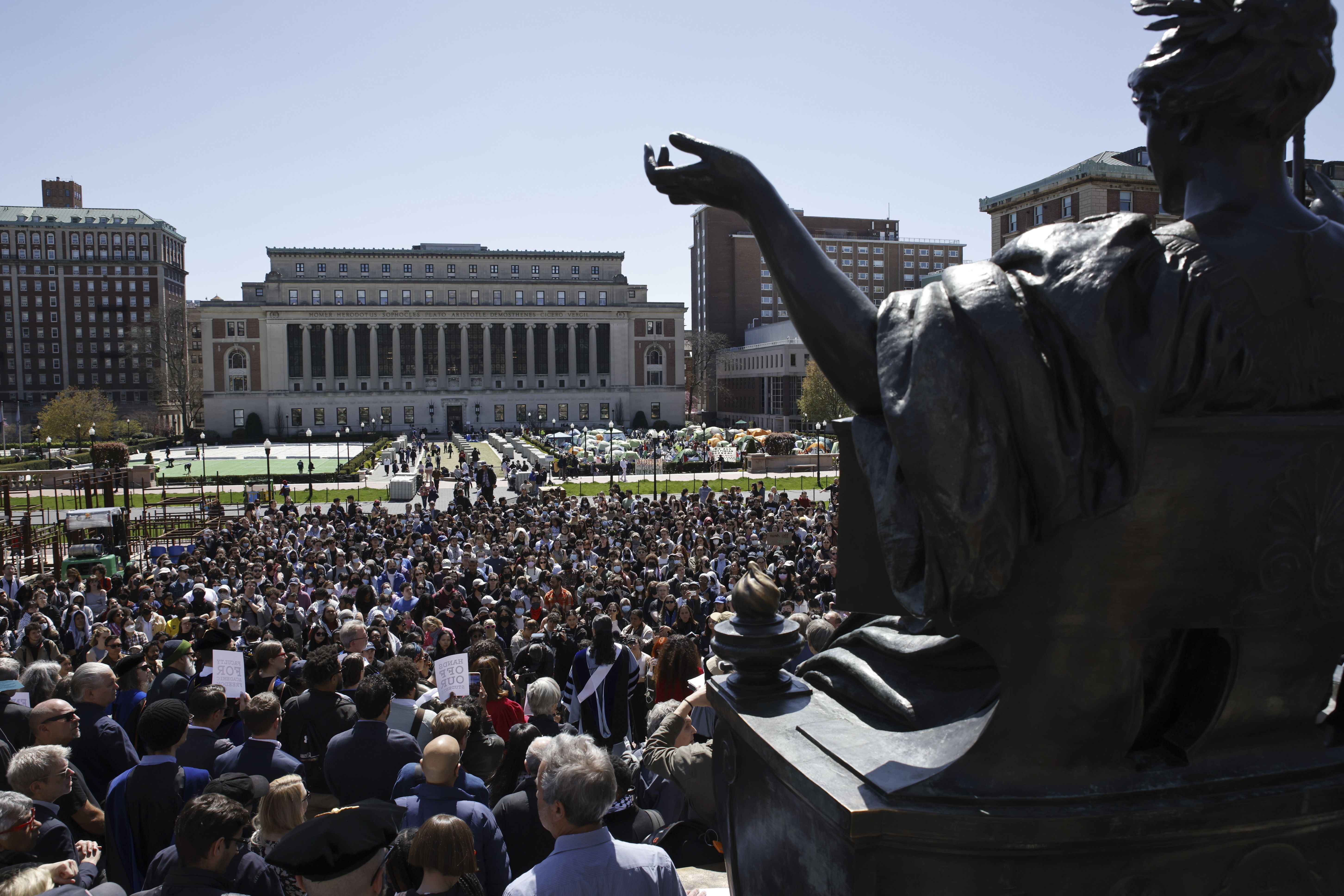 Columbia University professors speak in solidarity with their students rights to protest free from arrest at the Columbia University campus in New York on Monday