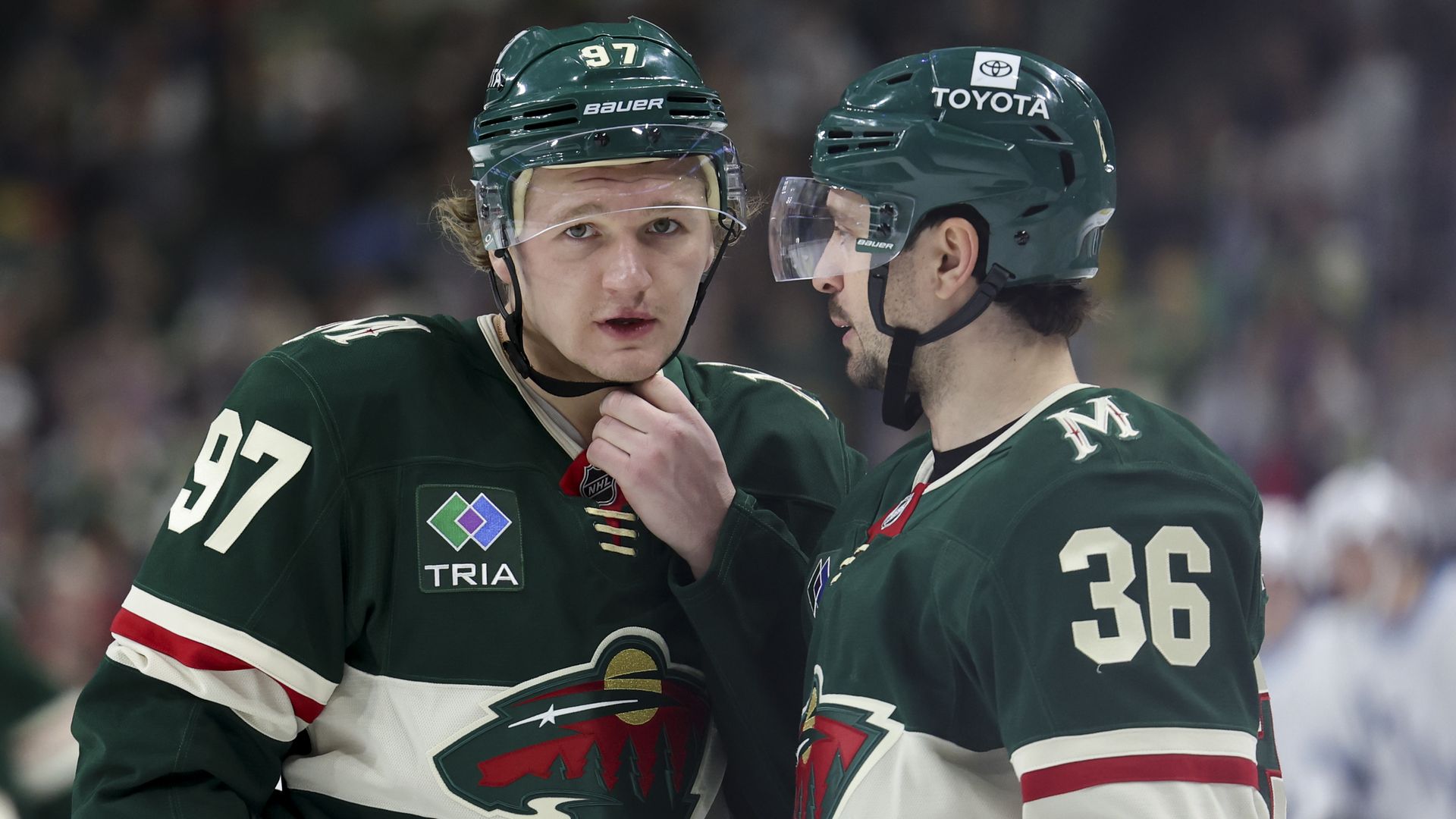 Two hockey players in green jerseys confer during a stoppage of a game