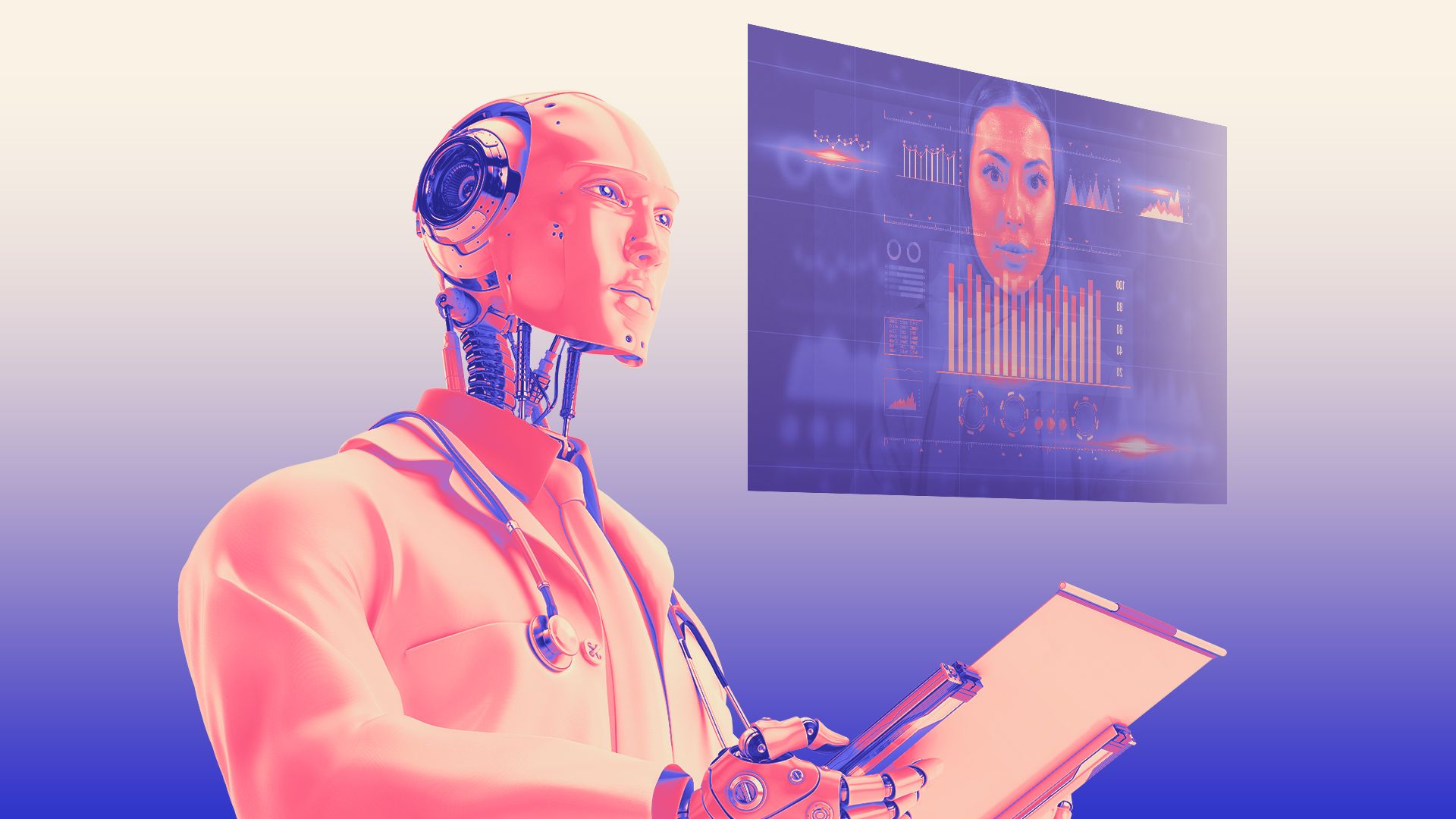 Illustration of a robot doctor looking at a holographic chart of vitals and a woman's face.