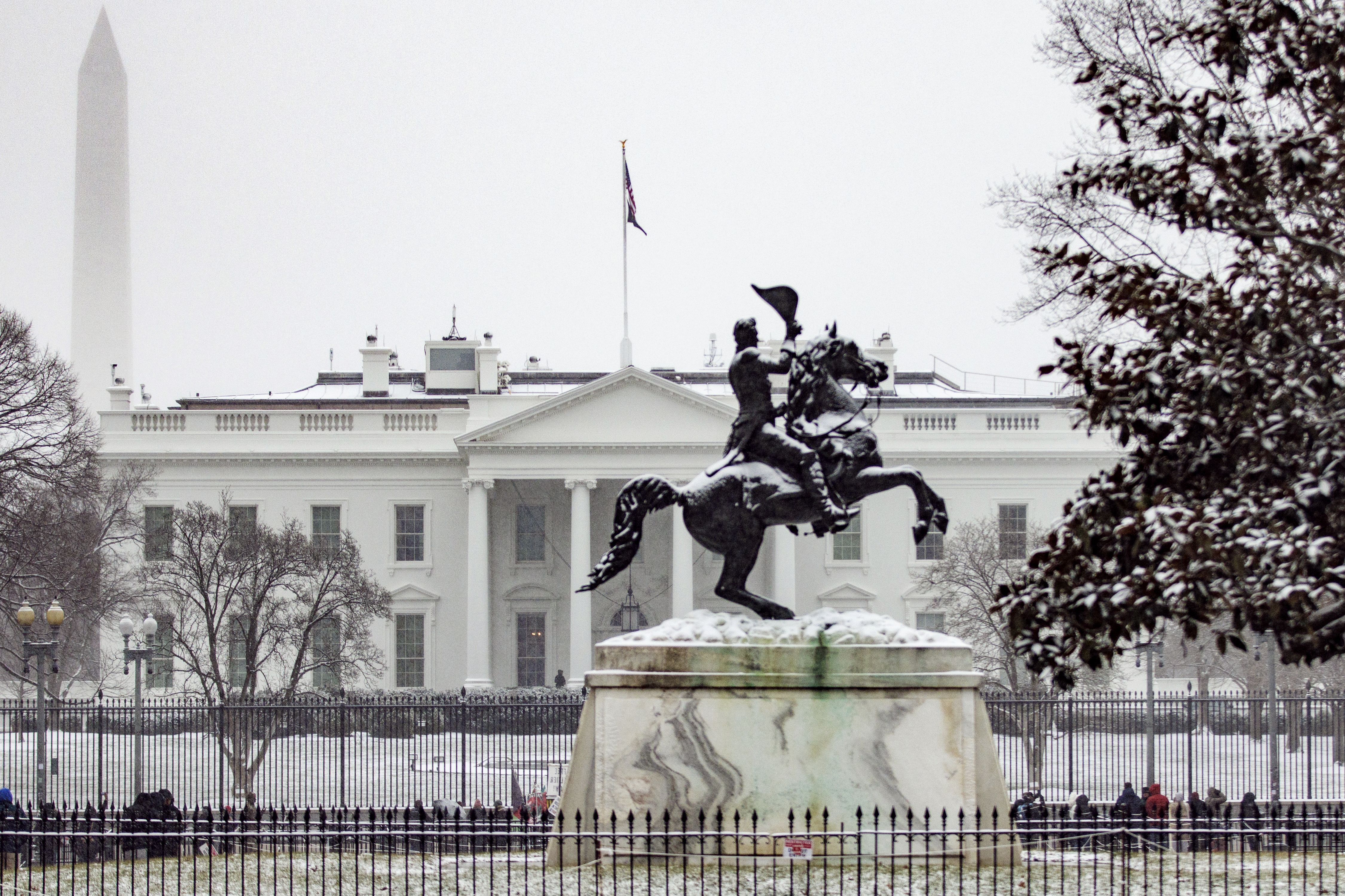  Snow falls around the White House on January 15, 2024 in Washington, DC. U.S. President Joe Biden is returning to the White House today after participating in Martin Luther King Jr. Day of Service in Philadelphia following his weekend at Camp David. 