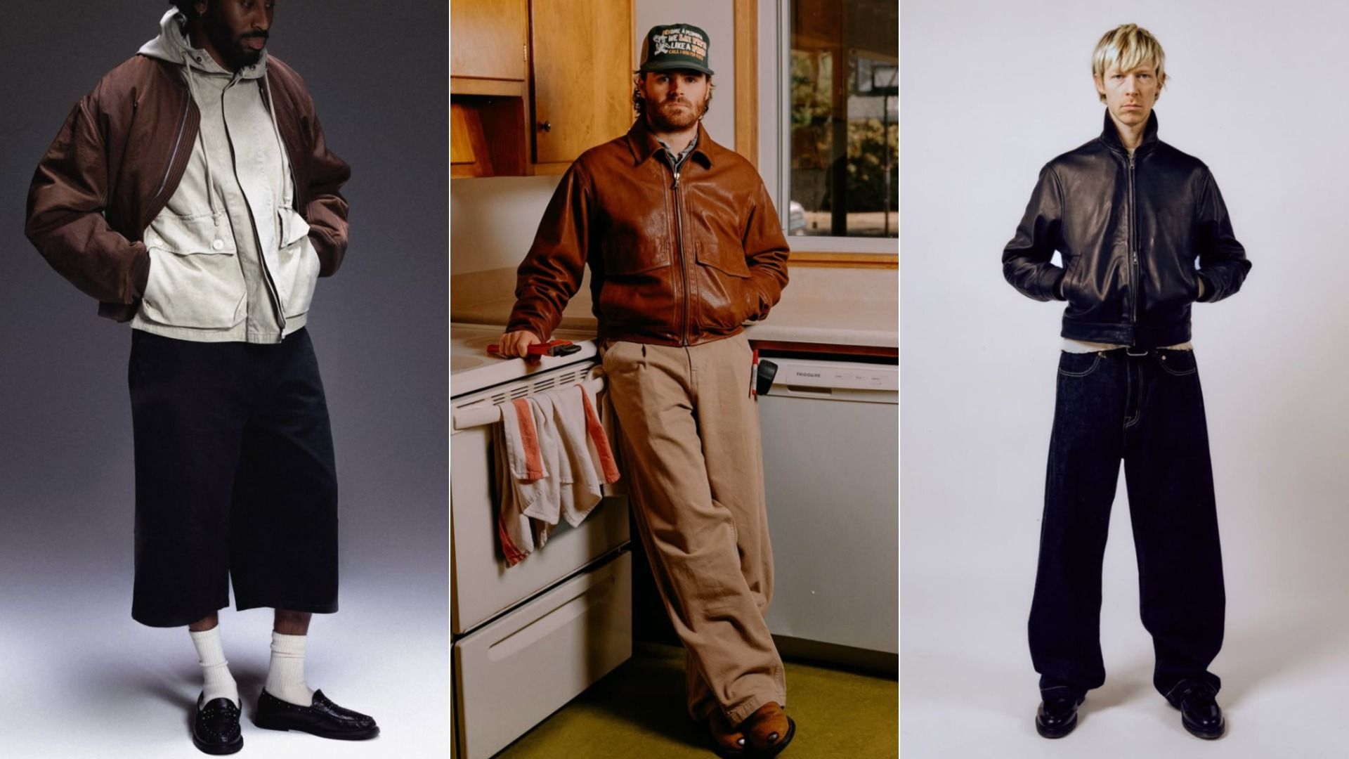 Triptych of fashion looks: left—man in brown bomber over gray hoodie with dark shorts; middle—man in brown leather jacket and tan pants in a kitchen; right—person in black leather jacket with wide-leg jeans.