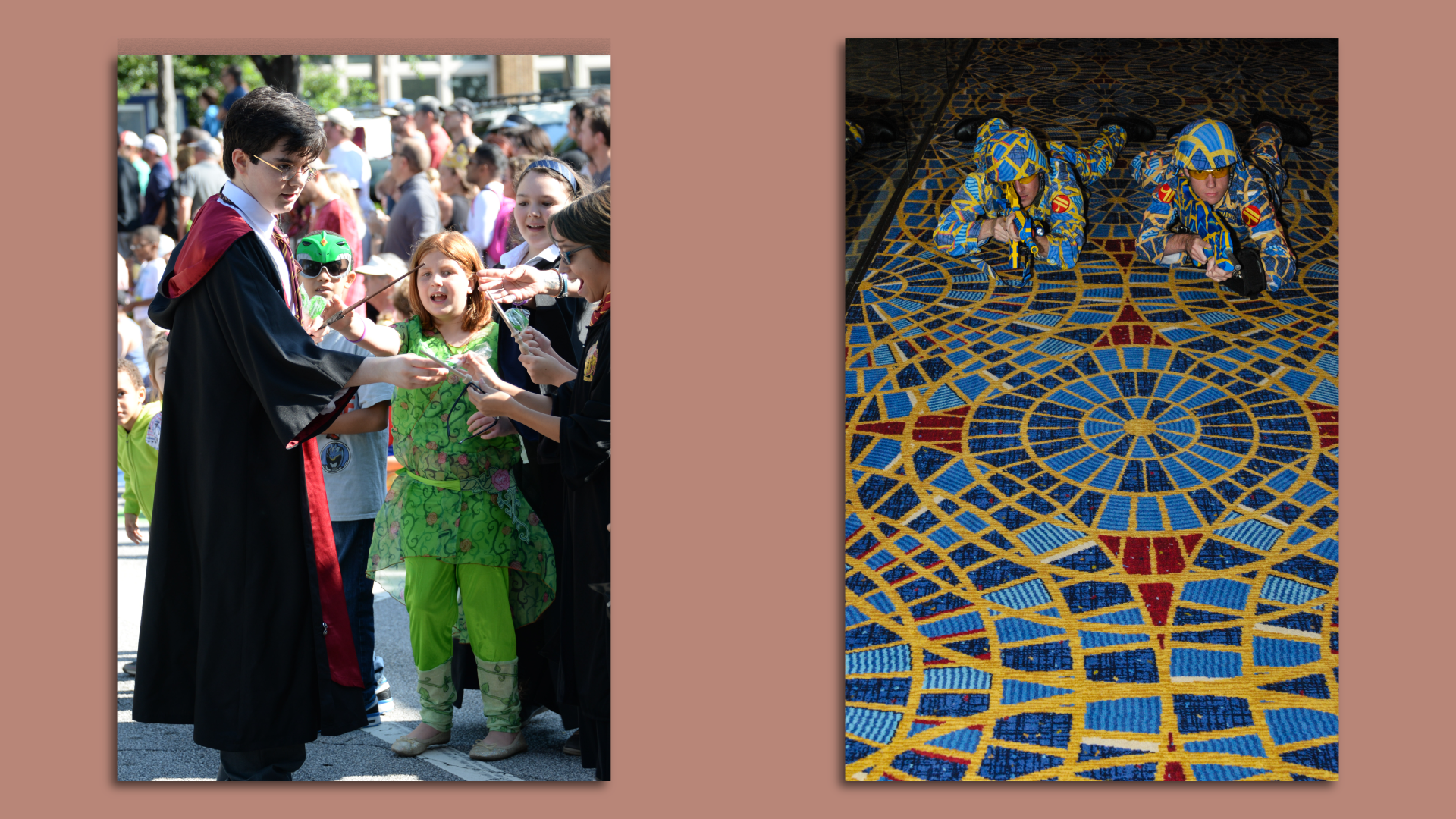 Side by side photos of a young person dressed as Harry Potter shaking hands with young people during a parade and two people dressed as troopers in camouflage  that matches the intricate carpet