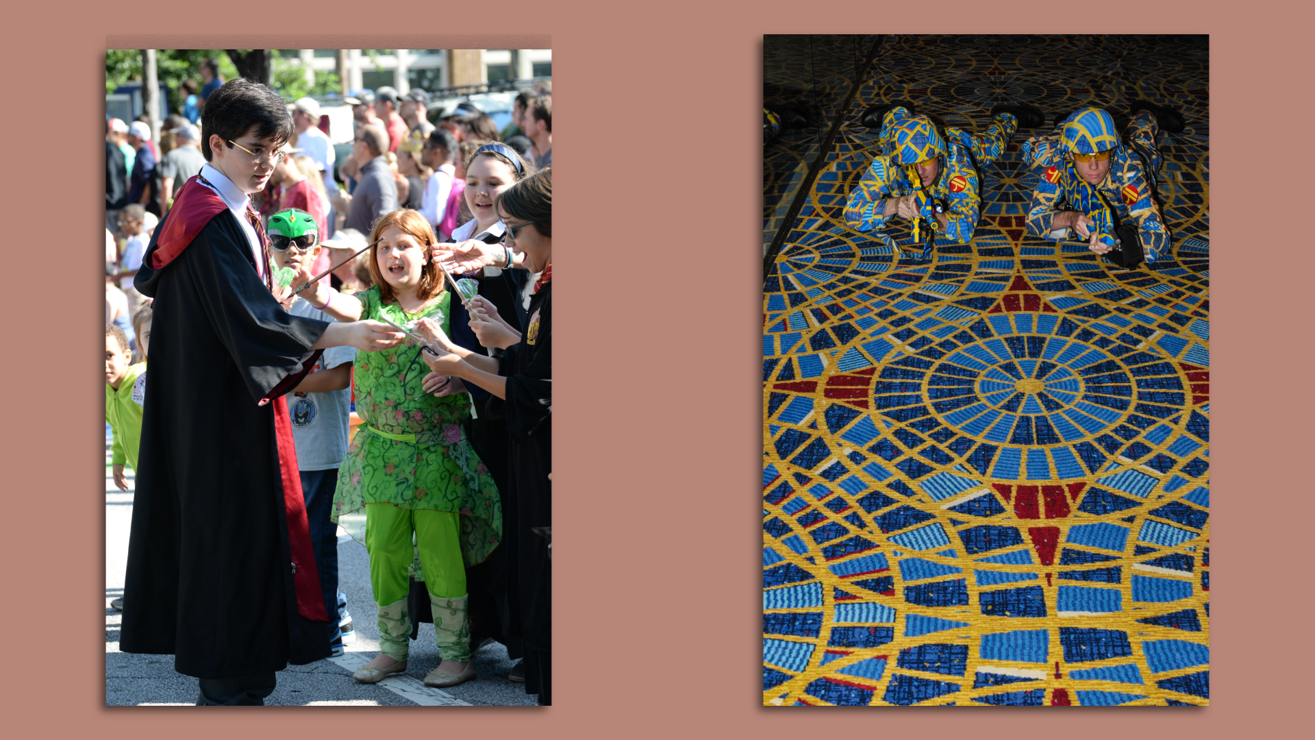 Side by side photos of a young person dressed as Harry Potter shaking hands with young people during a parade and two people dressed as troopers in camouflage that matches the intricate carpet