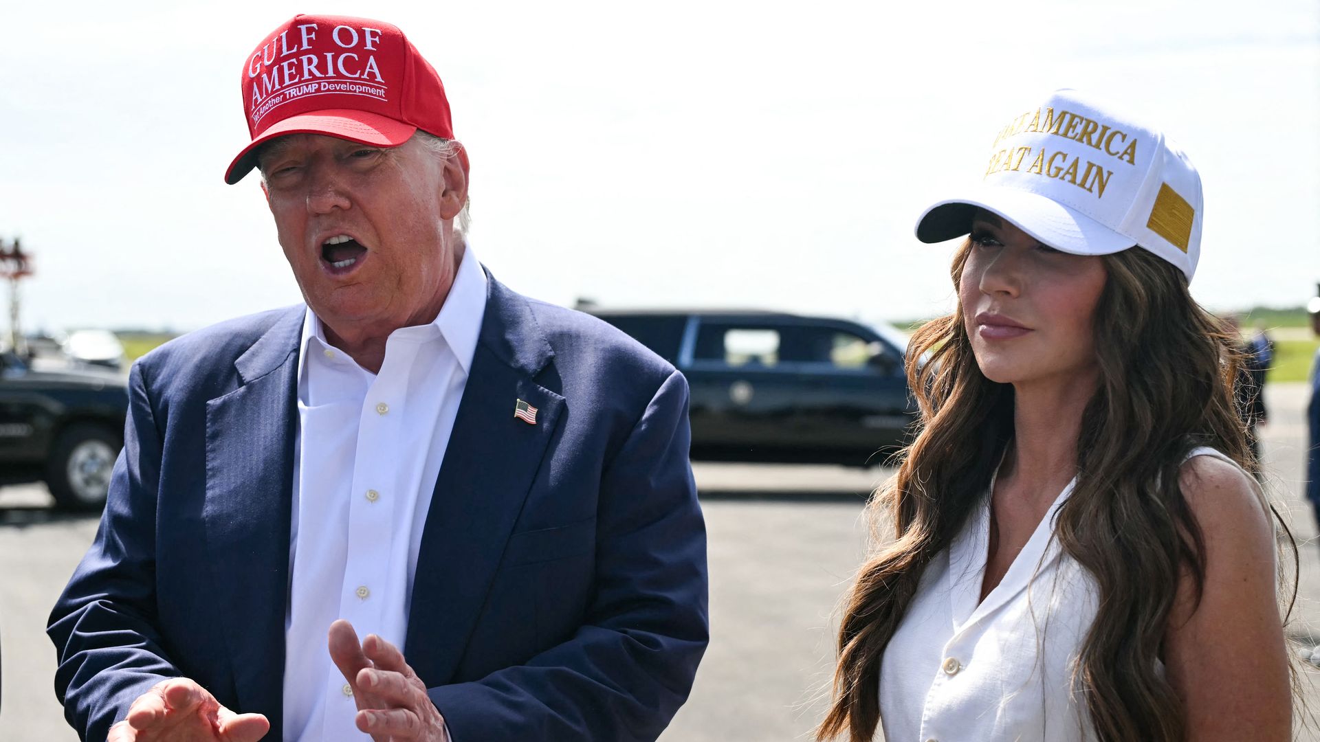  President Trump, alongside Secretary of Homeland Security Kristi Noem, speaks to reporters after arriving at Dade-Collier Training and Transition Airport in Ochopee, Florida, on July 1.