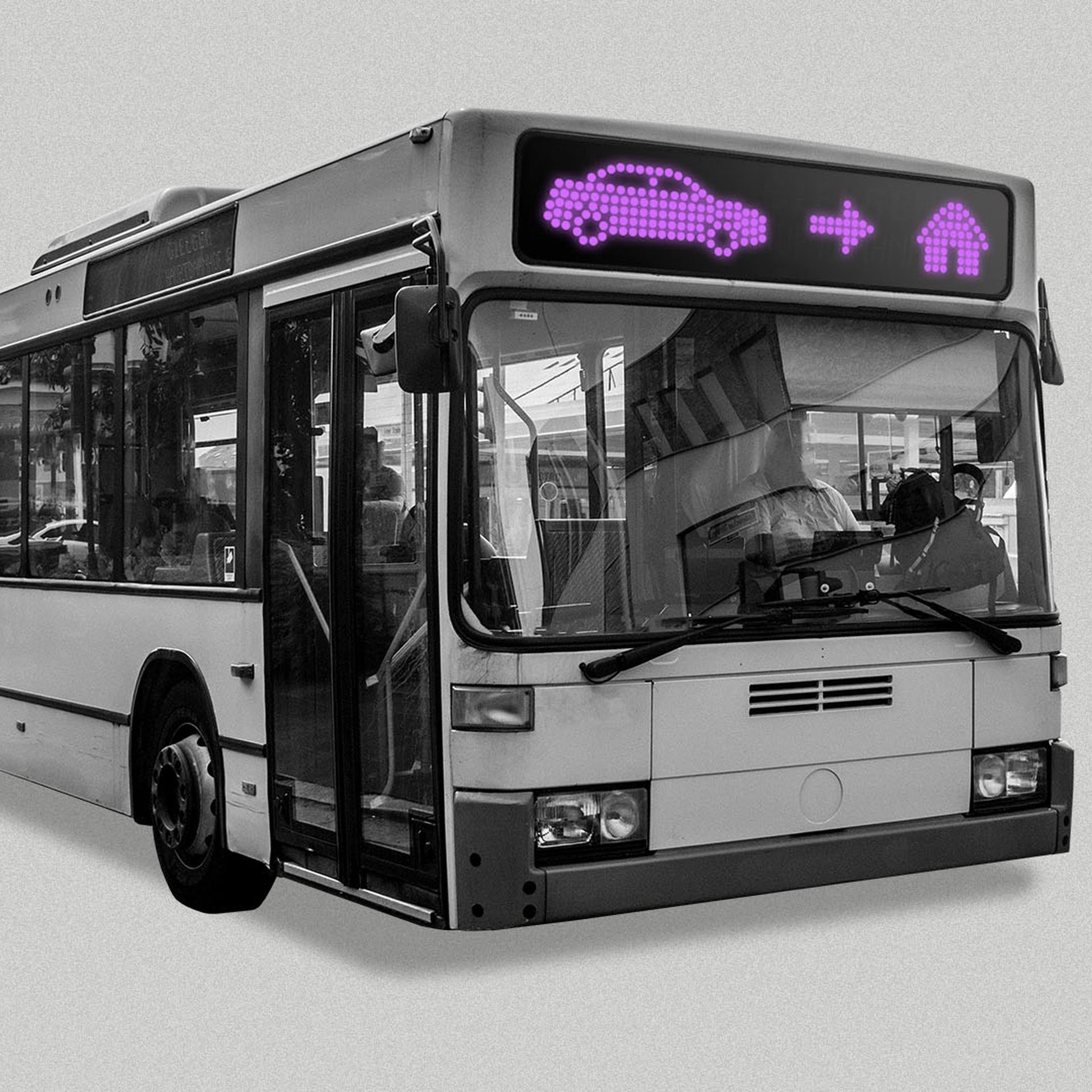 Illustration of a bus with a route marque that includes a car, an arrow, and a destination