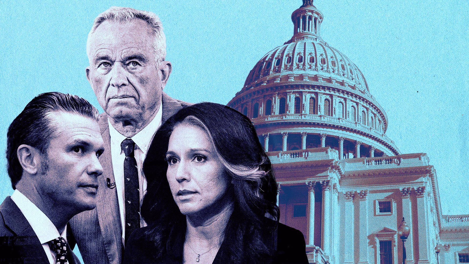 Photo illustration of Robert F. Kennedy Jr, Pete Hegseth and Tulsi Gabbard in front of the Capitol building.