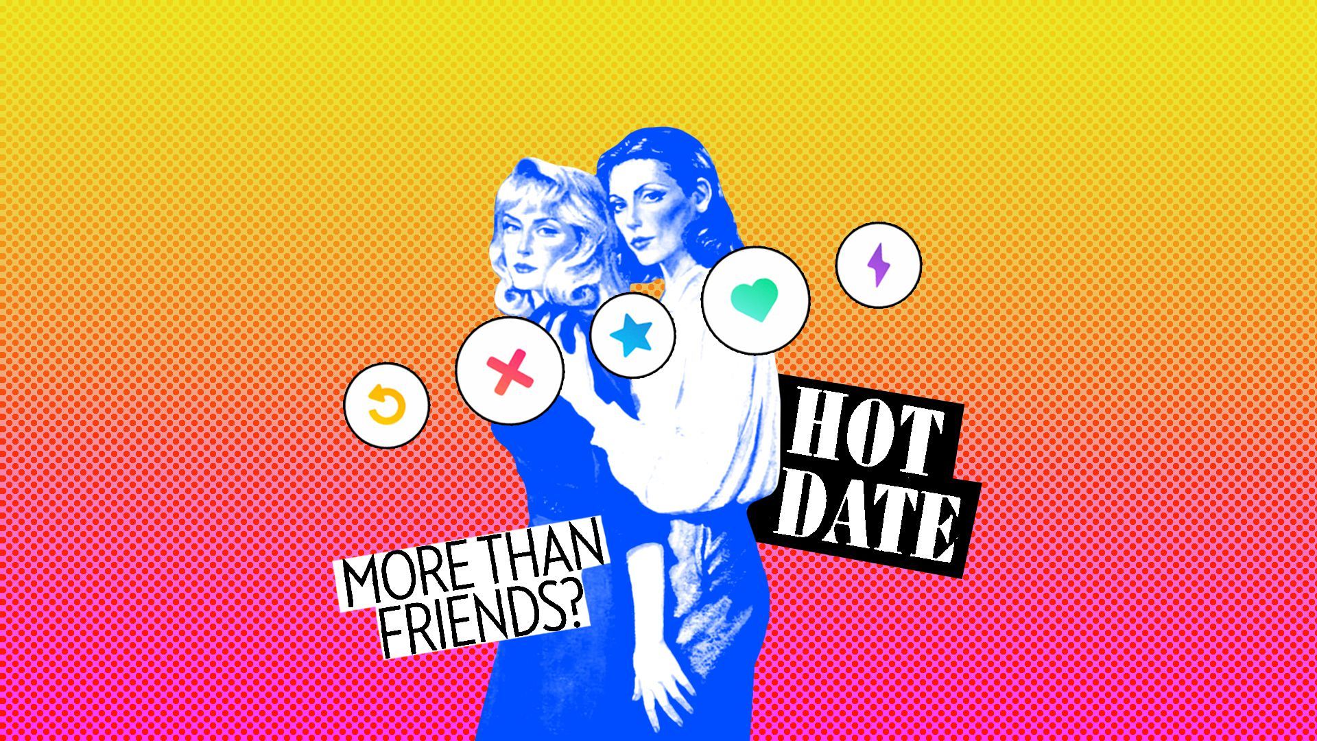 An image of two women along with various text and social media icons