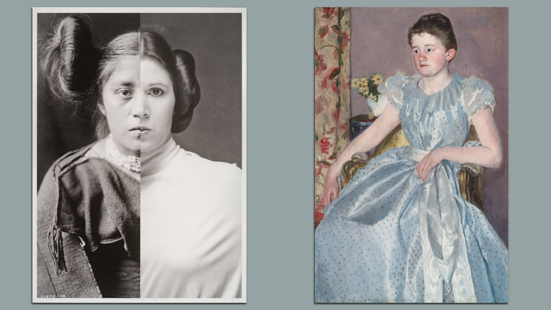 Two artworks side by side. On the left, a black-and-white photo montage merges the faces of an Indigenous woman and a white woman dressed similarly, split down the middle. On the right, an impressionist painting shows a young girl in a light blue dress seated in a floral room, gazing to the side wit